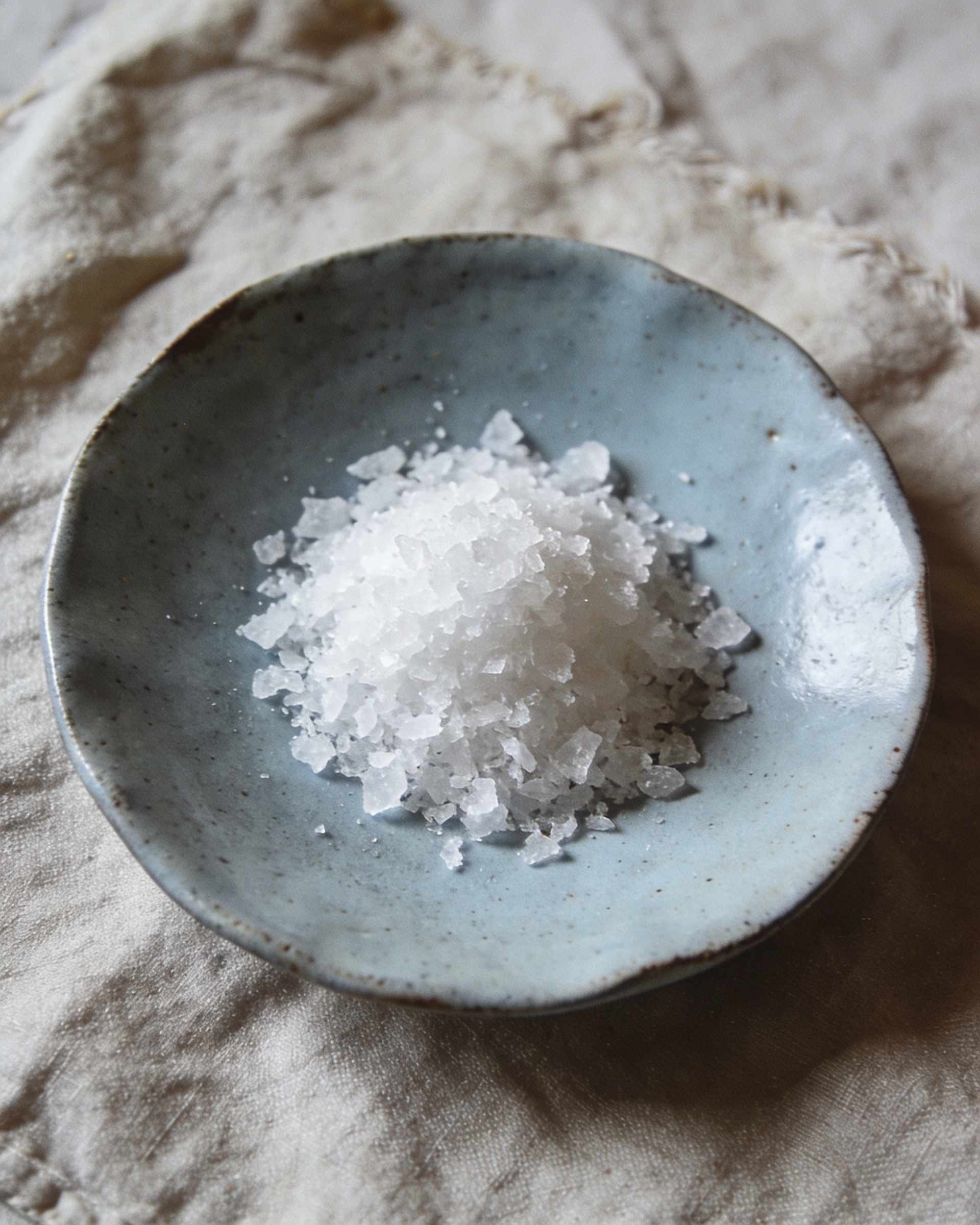 A small heap of coarse flaky white sea salt on a pale blue-grey ceramic plate, on rough linen, in soft morning light
