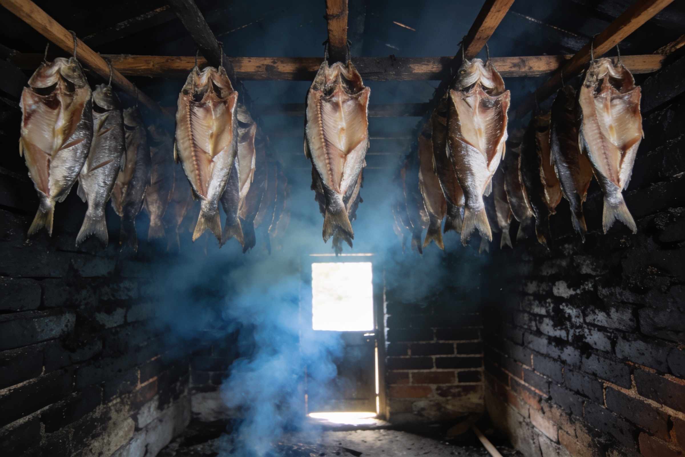 Inside a small old smokehouse, rows of split fish hanging from wooden rods in soft blue smoke, with soot-black brick walls and a shaft of daylight