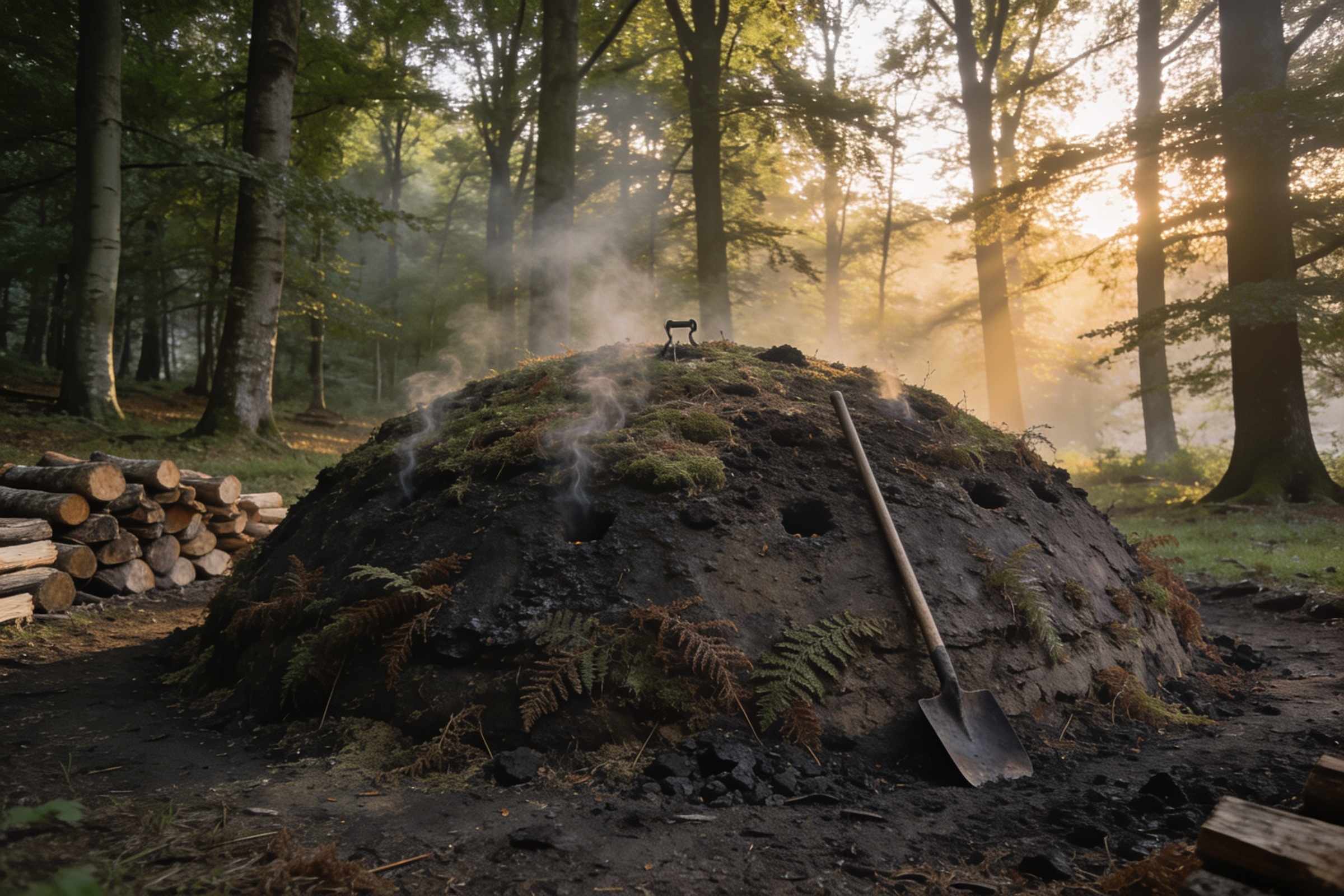 An earth-covered charcoal clamp gently smoking in a beech woodland clearing at dawn, with stacks of cut logs and a weathered canvas tent