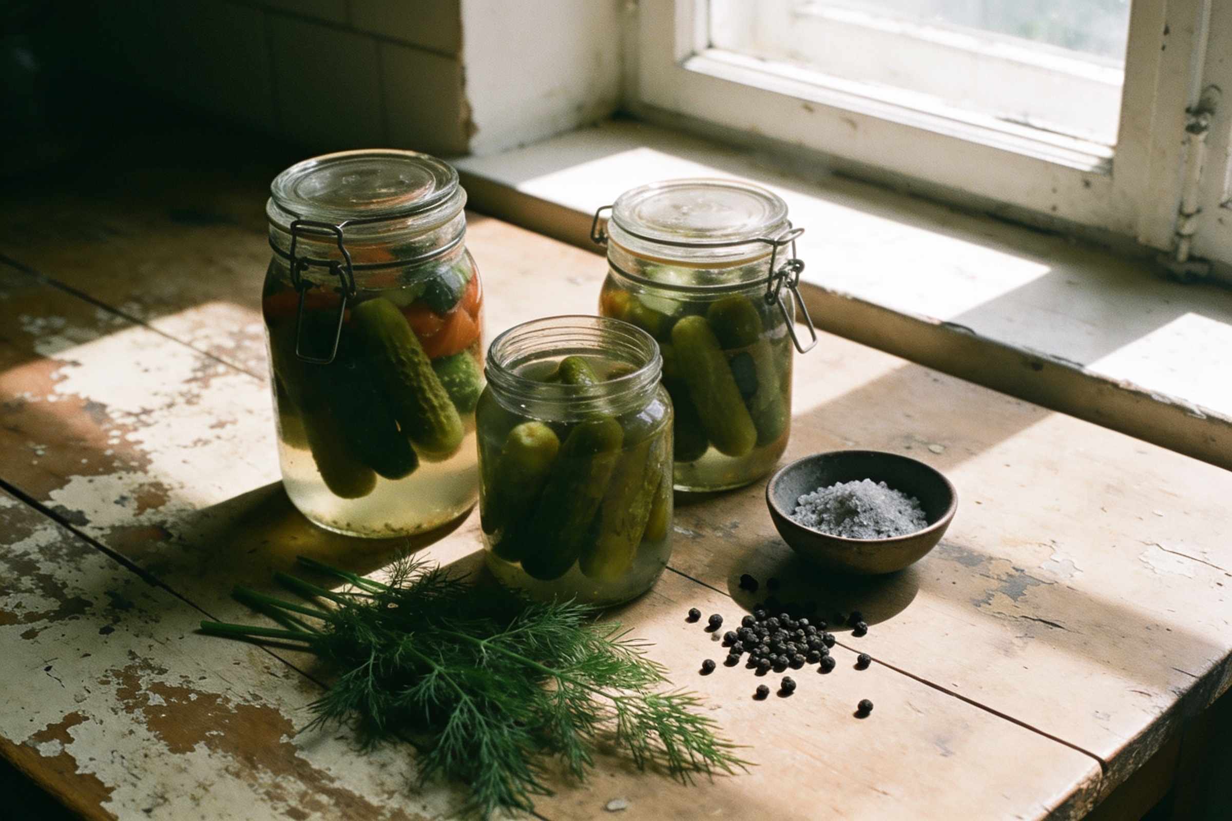 Glass jars of vegetables pickling in cloudy brine on a worn wooden table, with sprigs of dill, black peppercorns and a small bowl of coarse grey salt