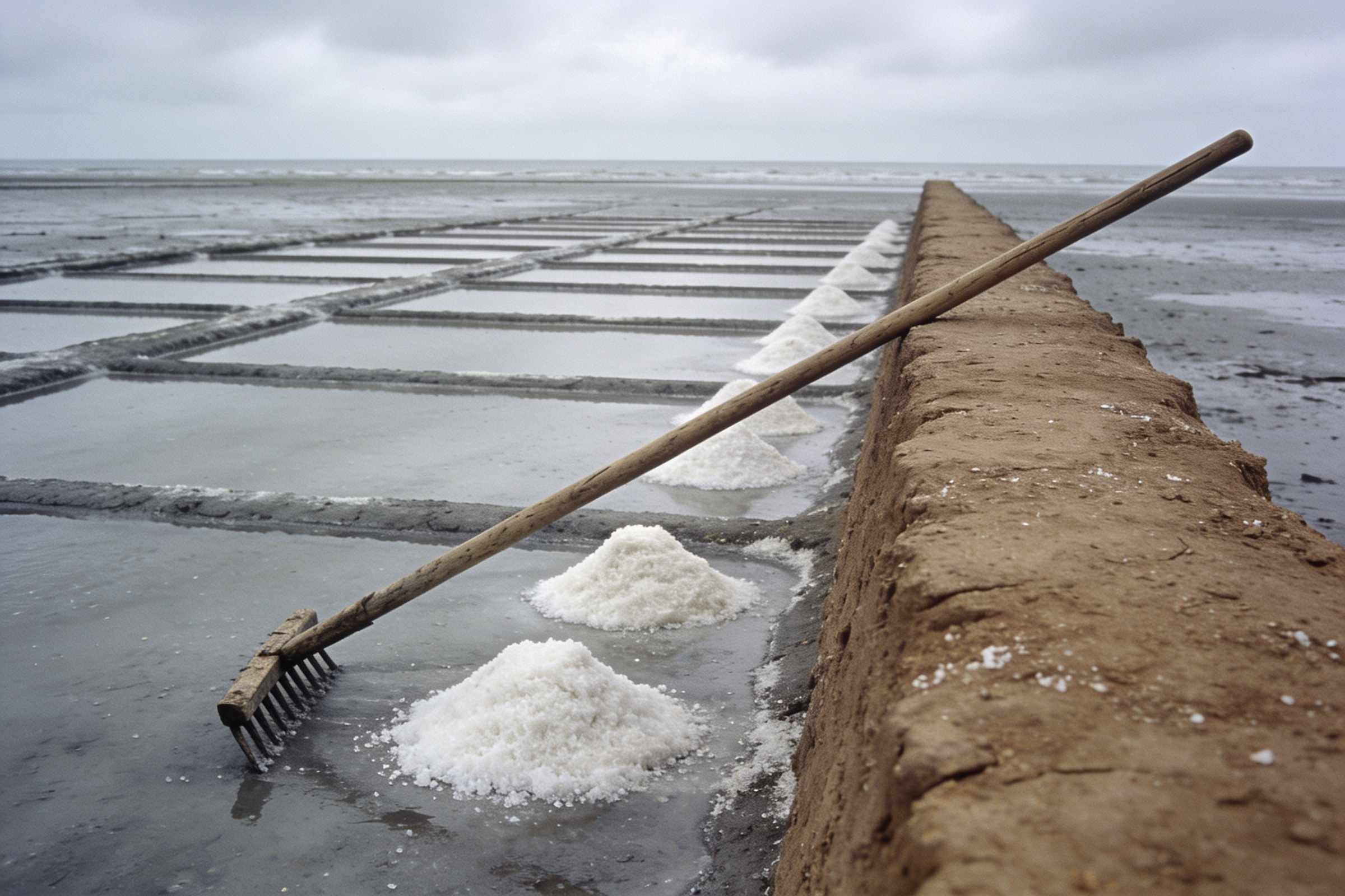 Shallow rectangular salt pans on a grey tidal flat at low tide, a wooden rake leaning on a low clay wall and small heaps of white salt drying