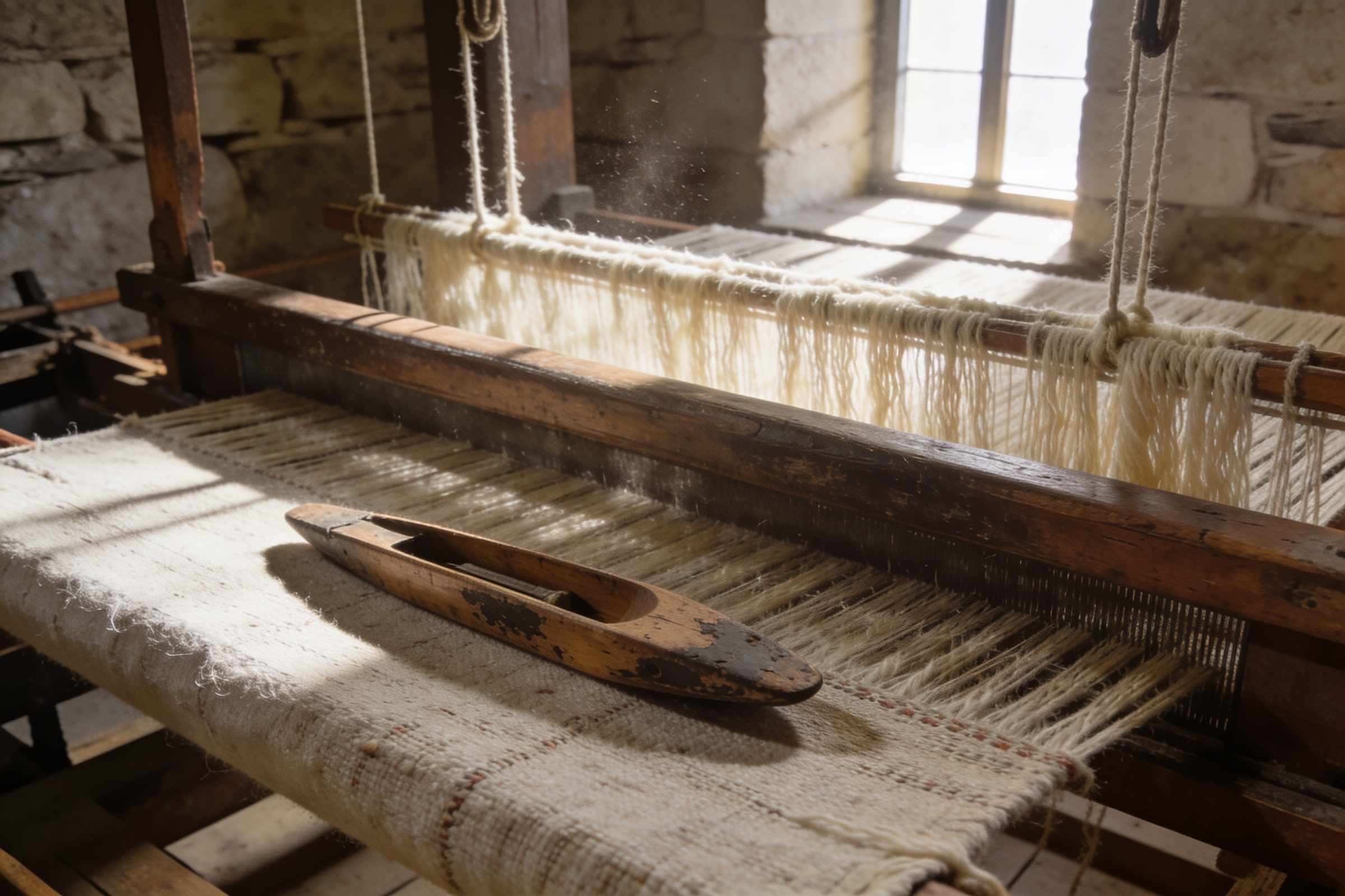 Close-up of an old wooden floor loom with undyed cream wool warp threads and a worn wooden shuttle resting on half-woven cloth