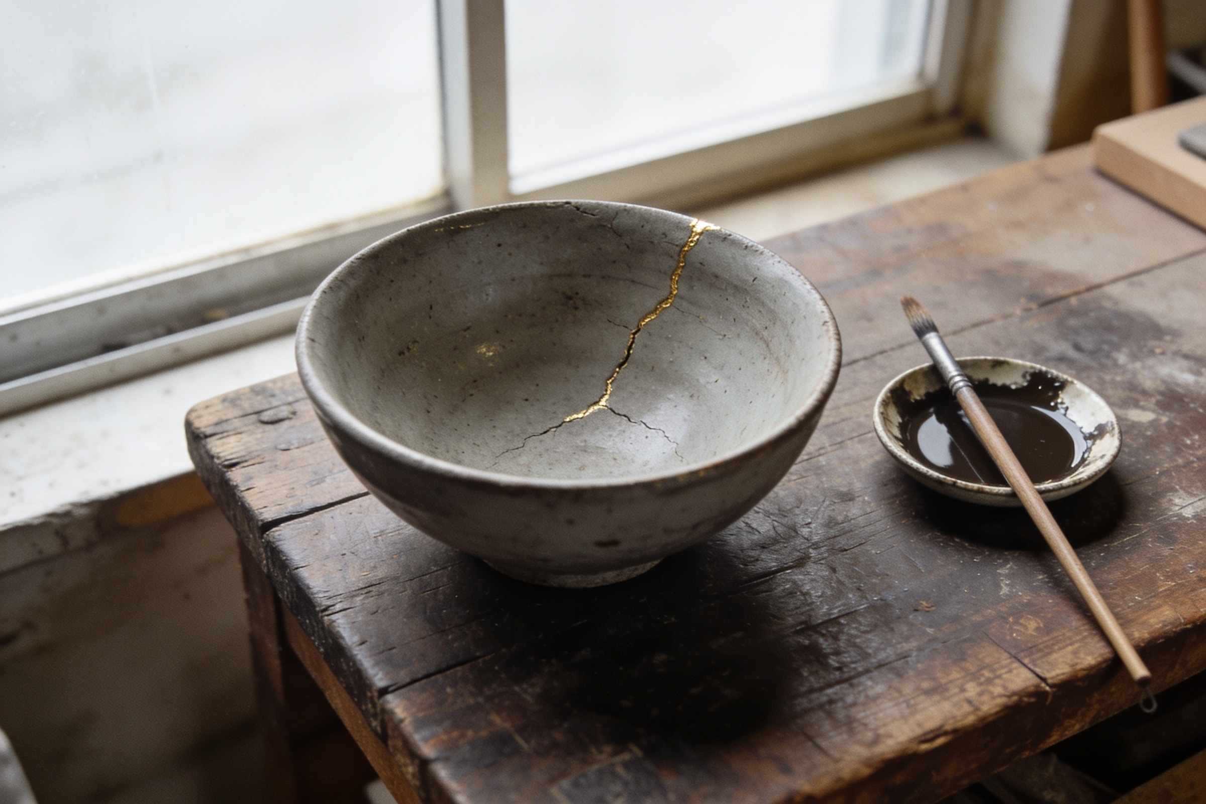 A handmade grey stoneware bowl repaired with a thin seam of gold lacquer along an old crack, on a dark wooden workbench with a fine brush beside it