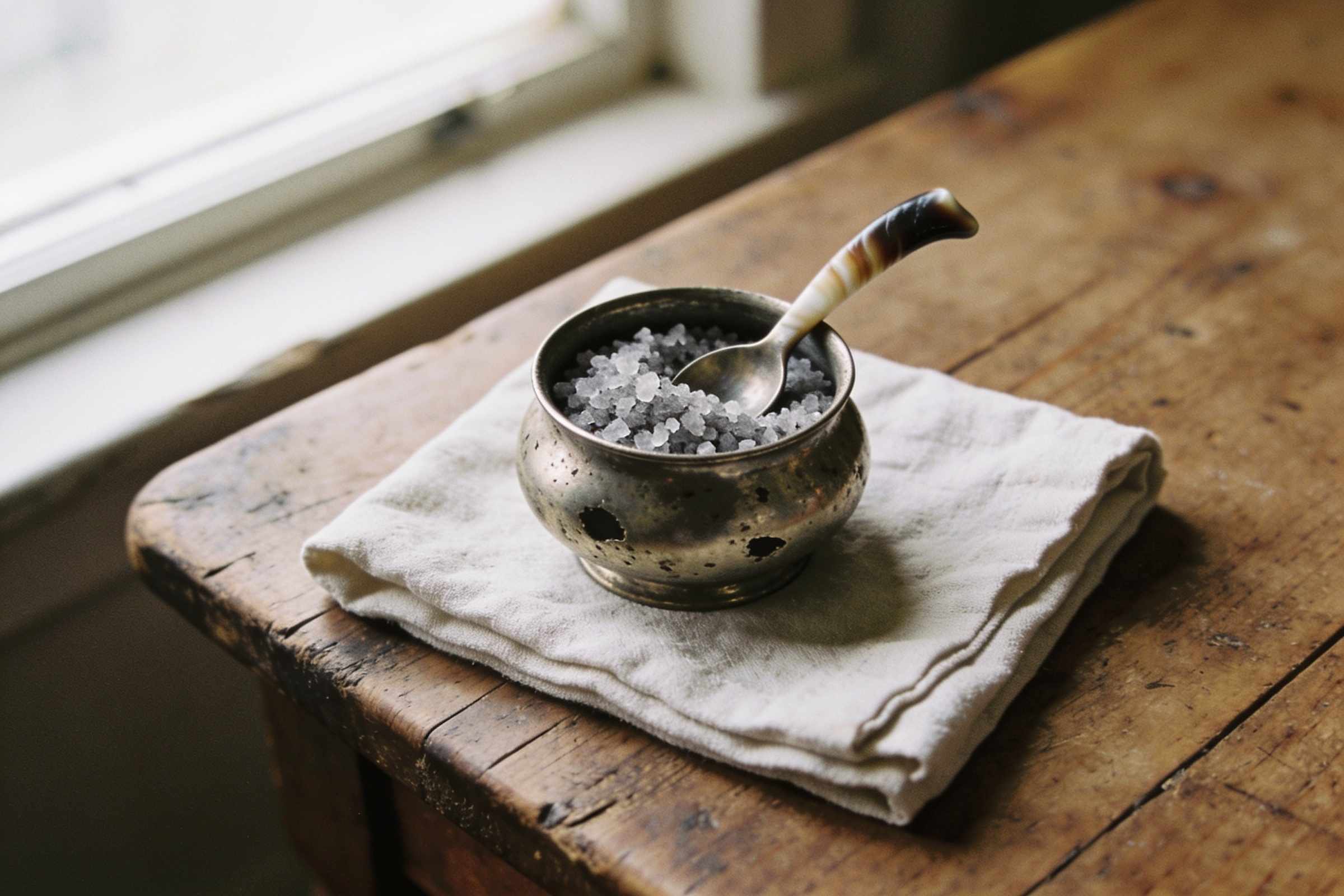 An old dented pewter salt cellar with a tiny horn spoon on a folded off-white linen cloth, coarse grey sea salt inside