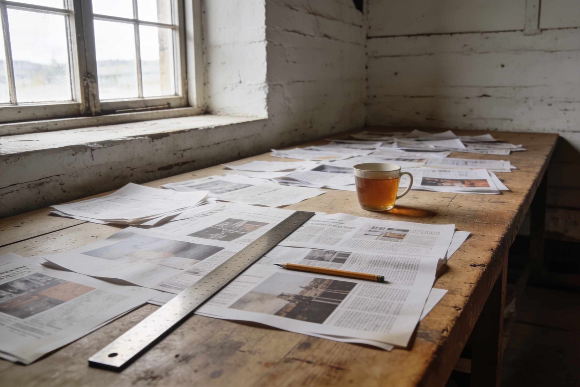A long wooden table under a window, covered with printed proofs, a metal ruler and a cup of tea